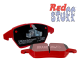 EBC Brakes Redstuff brake pads showing friction surface coating and backplate shim with clip