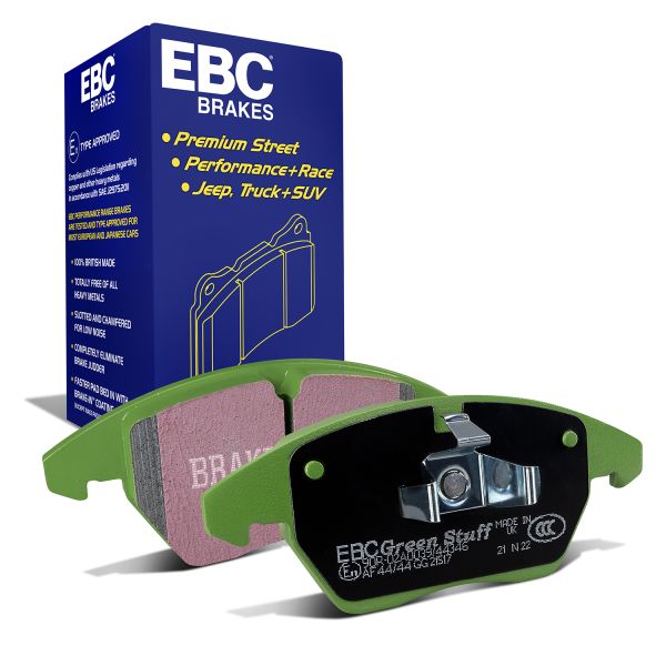 EBC Brakes DP21517 Greenstuff front brake pads for Volkswagen Golf GTI mk6 and Skoda Octavia VRS. Green pads displayed with product packaging